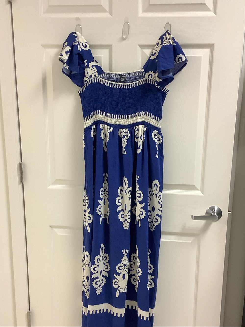 SHEIN Blue and White Floral Smocked Maxi Dress